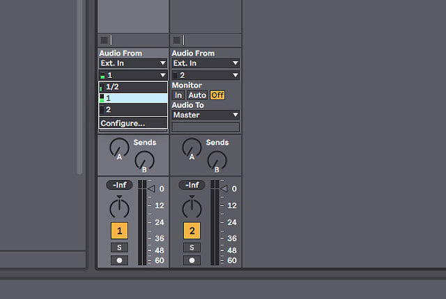 Selecting an input channel in Ableton Live